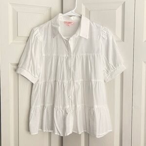 Beautiful PEACH PUFF women's white button up babydoll flared blouse top.  #113